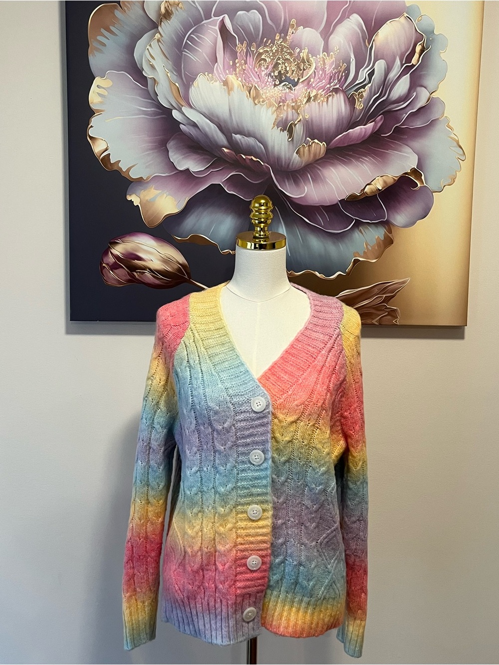 VENUS Pastel Rainbow Cable Knit Cardigan Size S